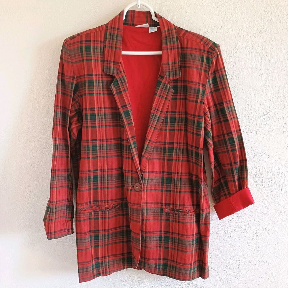Vintage 90s Styles To Go Red Plaid Cotton Blazer Shoulder Pads Lined Size Large